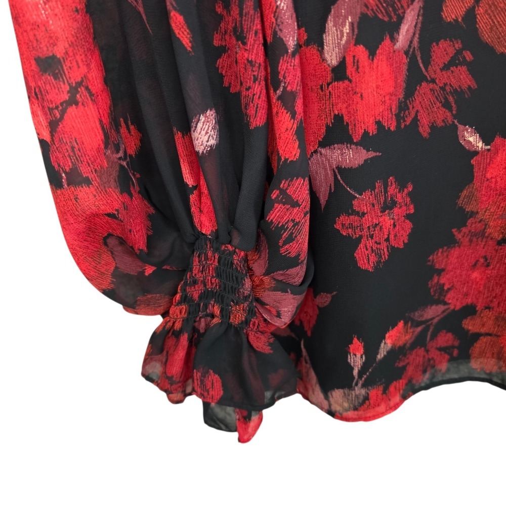 Vince Camuto Top Womens Medium Red Black Floral Print V Neck Blouse Lined Casual - Picture 2 of 7